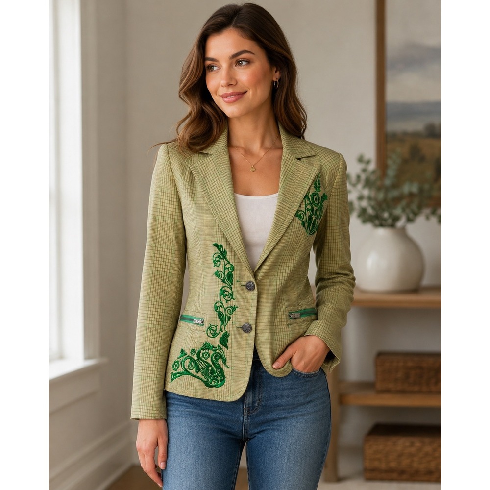 Sz Small Johnny Was Heidi Jacket 3J Workshop Tan Green Floral Embroidered Blazer